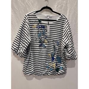 NWT Chico's Shirt Ebellished Stripe Bubble Hem and Short Sleeve Size XXL Preppy